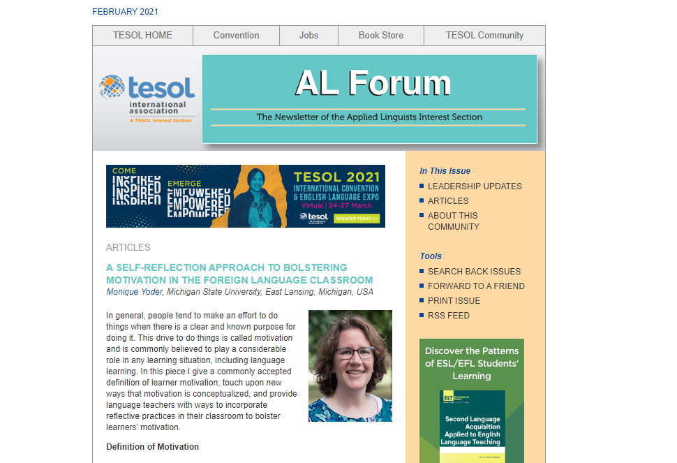 Read more about the article Monique Yoder Publishes with TESOL Applied Linguistics Interest Section.