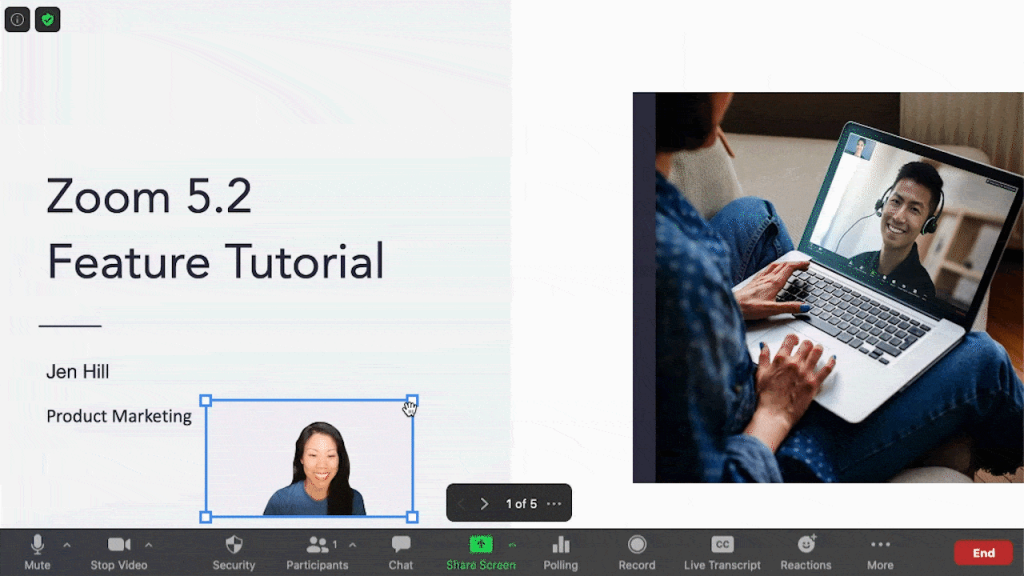 Zoom 5.2 Feature Tutorial Image showing a speaker's face projected over the top of their slideshow presentation.